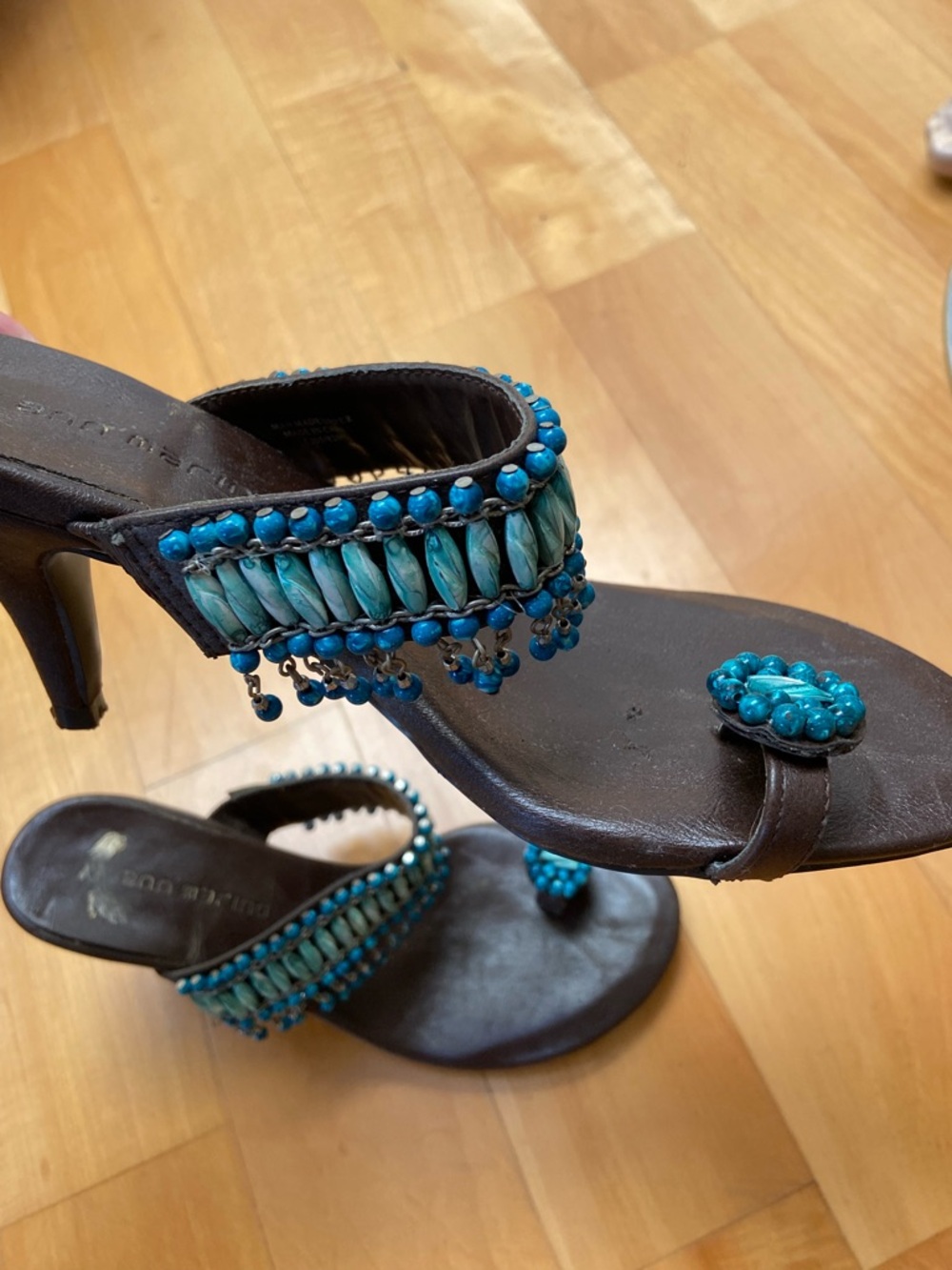 Dark Brown Heeled Sandals with Turquoise Bead Embellishment - Picture 2 of 4